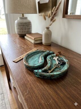 Ceramic Yin Yang Trinket Dishes Decor Teal and Bronze Unglazed Textured Finish